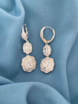 NAOMI - Clear Double Crystal Scalloped-Edged Drop Earrings In Silver - JohnnyB Jewelry
