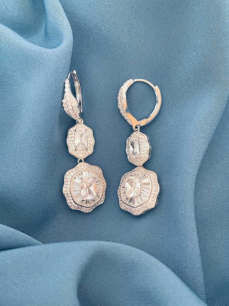 NAOMI - Clear Double Crystal Scalloped-Edged Drop Earrings In Silver - JohnnyB Jewelry