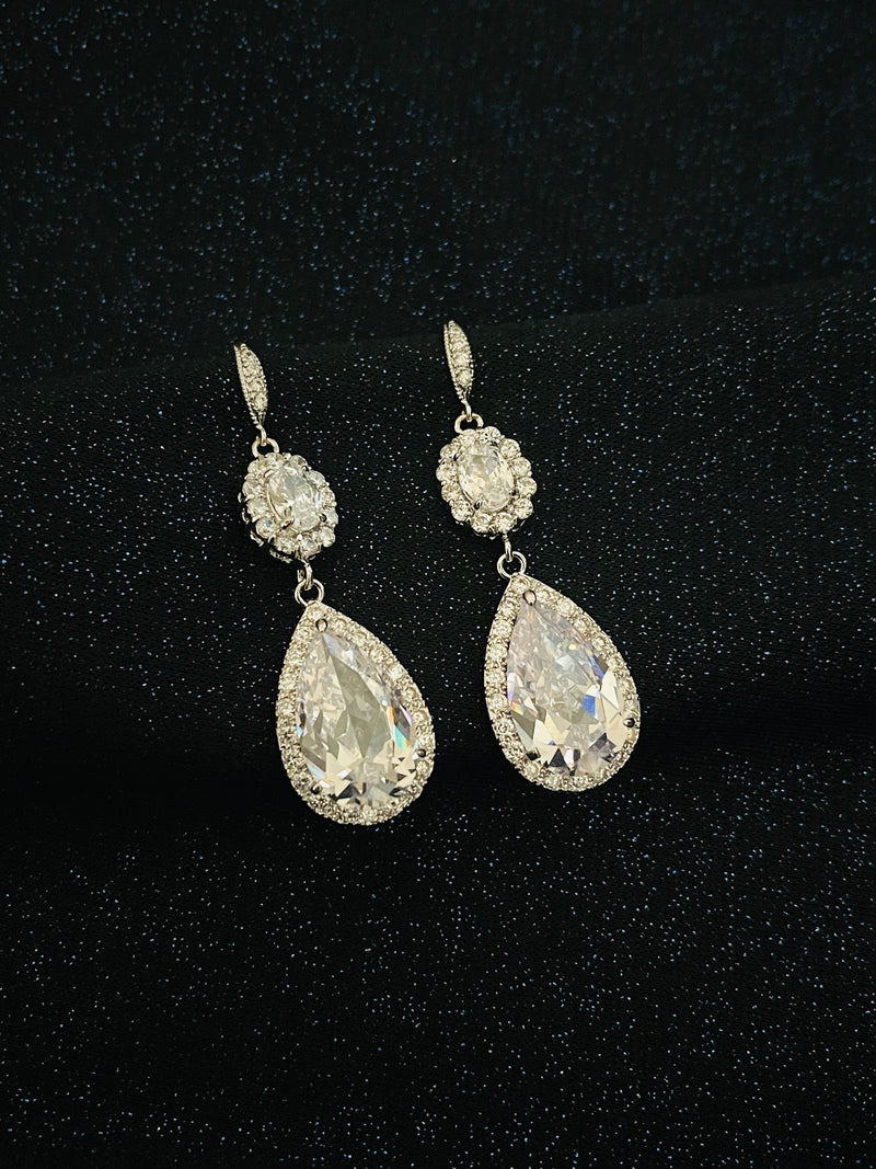 VICTORIA - Long Teardrop CZ Crystal Earrings In Silver - JohnnyB Jewelry