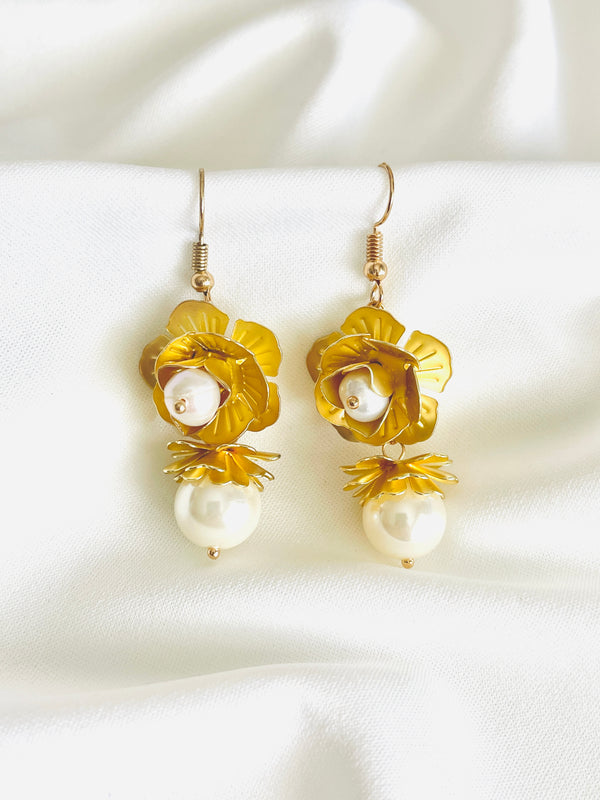 PRISCILLA - Flower With Pearl Dangle With Fish Hook Earrings In Gold