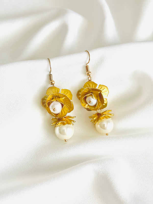 PRISCILLA - Flower With Pearl Dangle With Fish Hook Earrings In Gold