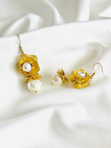 PRISCILLA - Flower With Pearl Dangle With Fish Hook Earrings In Gold