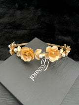 THERESA - Bold Large Flowers And Leaves With Crystal And Pearl Accents Tiara In Gold