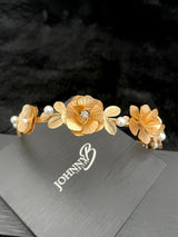 THERESA - Bold Large Flowers And Leaves With Crystal And Pearl Accents Tiara In Gold