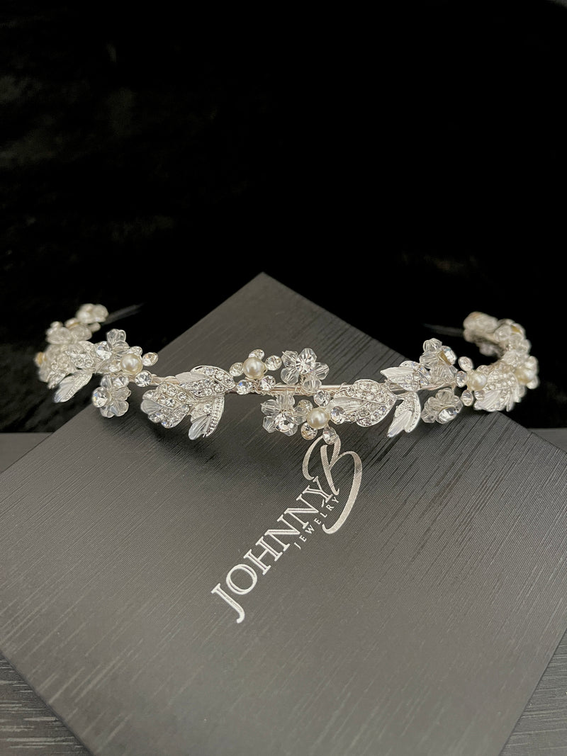 KATHY - Flower Crystal And Leaf With Pearl Tiara