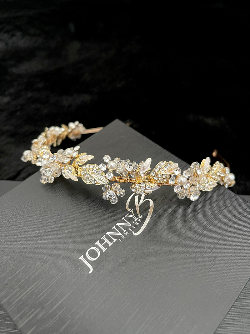 KATHY - Flower Crystal And Leaf With Pearl Tiara