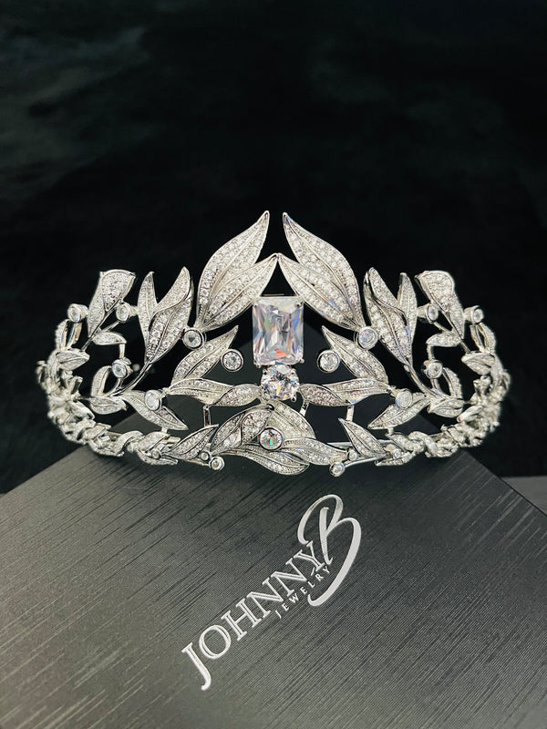 MAYE-CZ Pave Leafs With Center Stone Tiara In Silver