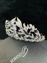 MAYE-CZ Pave Leafs With Center Stone Tiara In Silver