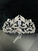MAYE-CZ Pave Leafs With Center Stone Tiara In Silver