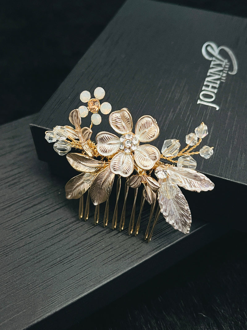 CAROLINE - Flower And Leaf Hair Comb In Gold