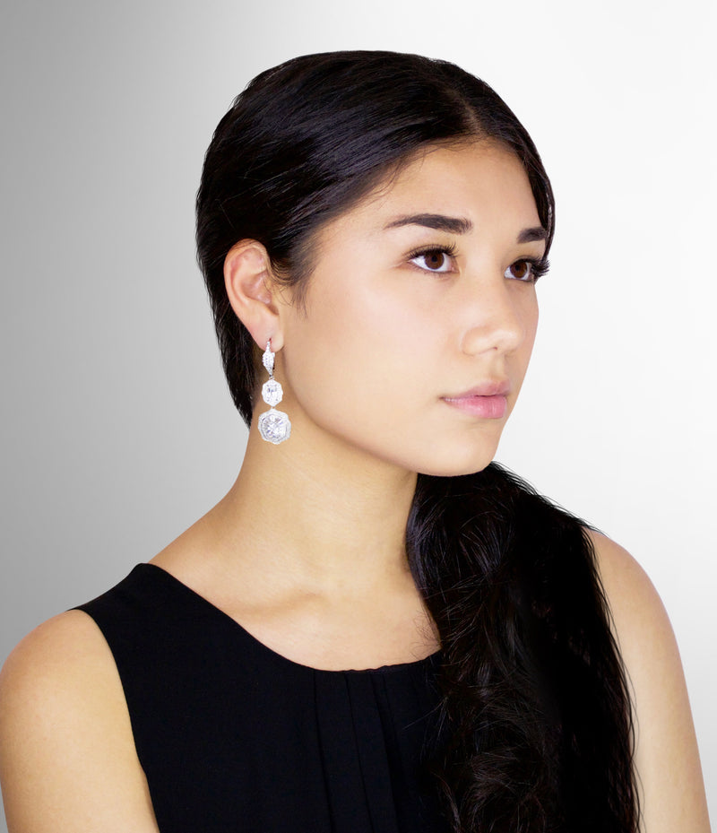 NAOMI - Clear Double Crystal Scalloped-Edged Drop Earrings In Silver - JohnnyB Jewelry