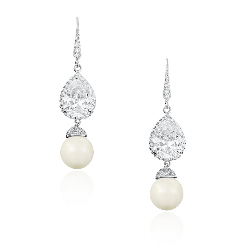LUCILLA - Dangle Teardrop Crystal and Pearl Earrings In Silver - JohnnyB Jewelry