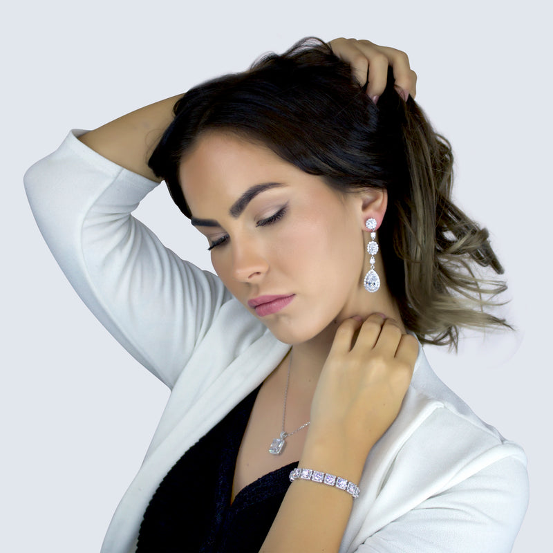 NATALIA - Multi-Shaped CZ Long Teardrop Crystal Earrings In Rose Gold - JohnnyB Jewelry