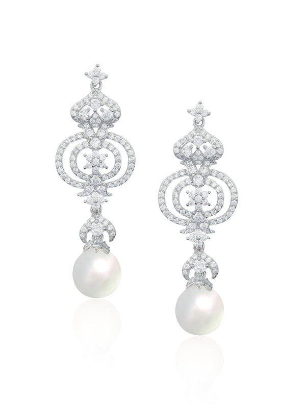 VIVIENNE - CZ Ornate Drop Pearl Earrings In Silver - JohnnyB Jewelry