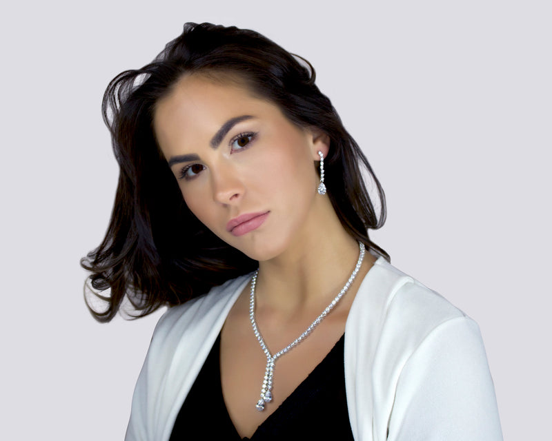 PAULINA - Delicate Lariat-look Necklace with Two Smaller Teardrop CZ Stones In Silver - JohnnyB Jewelry