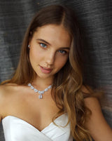 MARIANNA - 16" Embellished CZ Necklace With Teardrop Pendant And Matching Drop Earrings In Silver - JohnnyB Jewelry