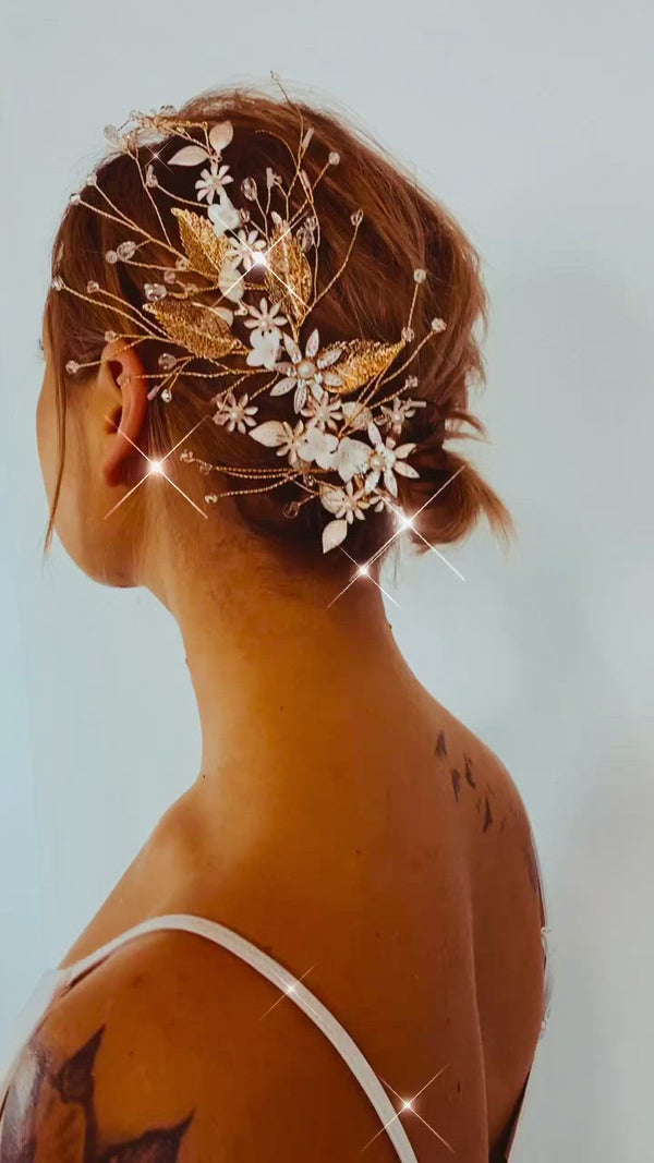 MARION - CLAY FLOWER WITH METAL LEAVES AND GOLD WIRE HAIR PIECE IN GOLD